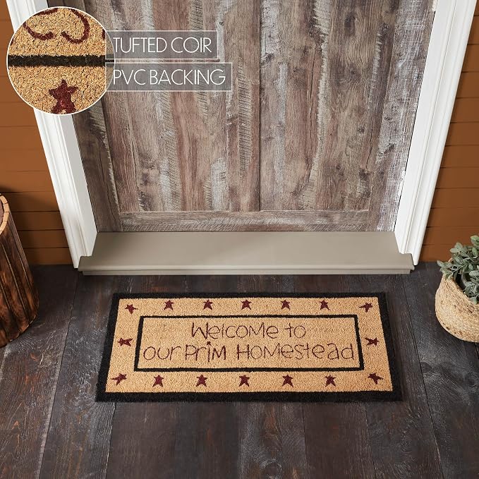 VHC Brands Coir Welcome Door Mat, Entry Rug, with PVC Backing, for Indoor Outdoor Use, Connell Collection, Rectangle 17x36 Doormat, Welcome to Our Prim Homestead, Natural