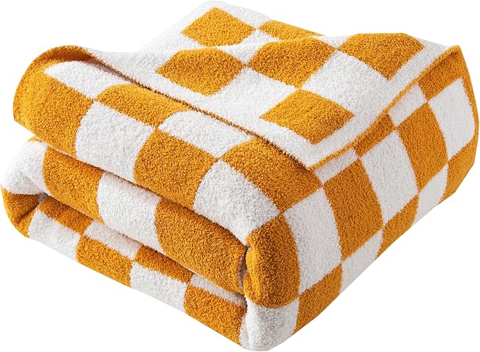Elegant Comfort Checkered Throw Blanket, Gold Super Soft Cozy Fluffy Warm Throw Blankets for Couch, Sofa, Chair, Bed, Camping, Picnic, Travel Lightweight Bed Blanket (50" x 70")