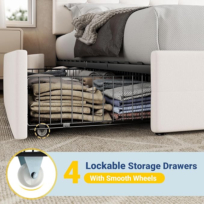 Allewie Upholstered Full Size Platform Bed Frame with 4 Storage Drawers and Adjustable Headboard, Square Button Tufted, Wooden Slats Support, Noise-Free, No Box Spring Needed, Easy Assembly, White