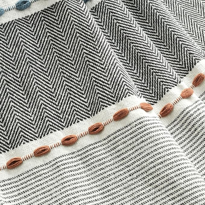 Lush Decor Herringbone Stripe Woven Tassel Yarn Dyed Cotton Throw Blanket 50" W x 60" L Black & Multi - Striped Throw Blankets - Black Couch Blanket