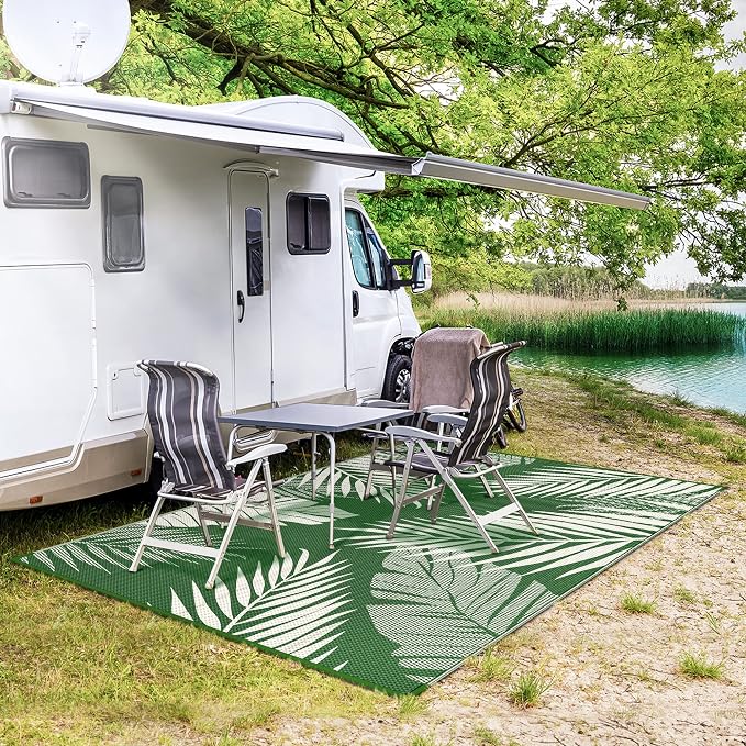 GENIMO Outdoor Rug, Waterproof Plastic Rugs for Patio, 5'x8' Dark Green | Outside Larger Leaf Carpet Mat for Porch Decor, Deck, Balcony, Camping, RV, Backyard, Picnic, Beach, Reversible, Foldable