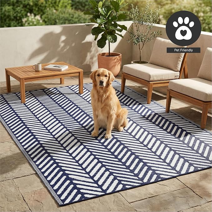 FH Home Outdoor Rug - Waterproof, Fade Resistant, Reversible - Premium Recycled Plastic - Herringbone - Patio, Porch, Deck, Balcony - Fresno - Navy Crease Free - 5 x 8 ft