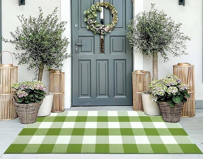 Green and White Front Porch Rug 2'X4.3'Buffalo Plaid Checked Outdoor Rug Cotton Woven Washable Layering Door Mat for Welcome Mat Entryway Bedroom Living Room