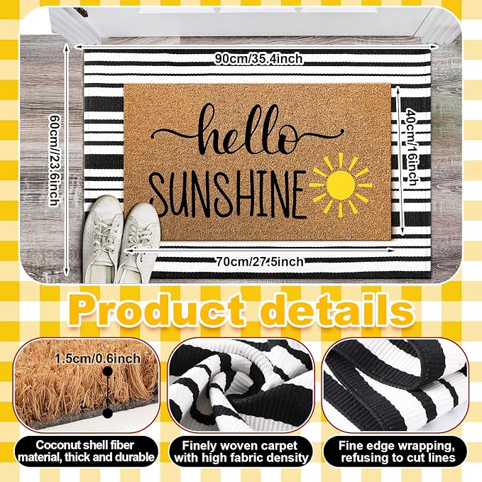 Moucuny 2 Pcs Summer Hello Sunshine Coir Door Mat 24'' x 35'' Black and White Striped Outdoor Rug 16'' x 28'' Yellow Sunshine Coir Doormat Non Slip Seasonal Welcome Doormat for Porch Front Decor
