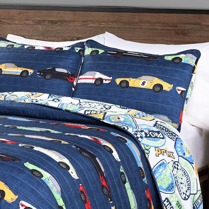Lush Decor Race Car Kids' 2-Piece Quilt Bed Set, Reversible Bedding Set for Boys, Navy, Twin
