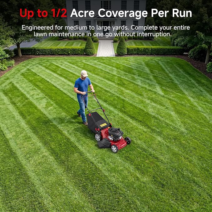 18-Inch Gas Lawn Mower, 131cc 4-Stroke OHV Engine, 3-in-1 Push Walk-Behind | 18" Blade | 3-in-1 Mulch/Bag/Rear Discharge with 50L Grass Tank | Yard Garden | 8 Cutting Height Adjustment | Steel Deck