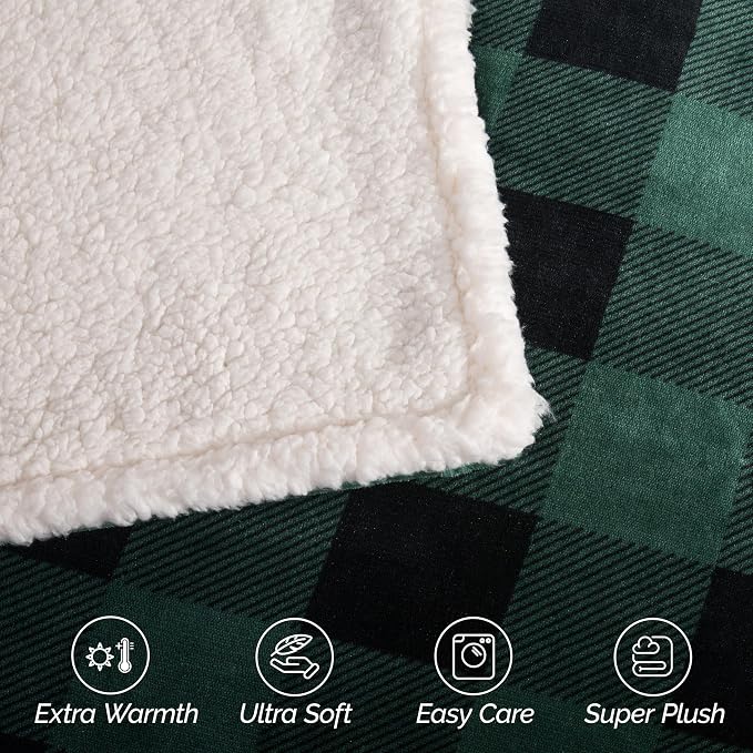 Elegant Comfort Ultra Soft Reversible Buffalo Plaid Flannel Sherpa Blanket - Cozy Silky Checkered Fleece Throw for Couch, Bed - Plush Fuzzy Warm Winter Blanket for Gift, King, Green