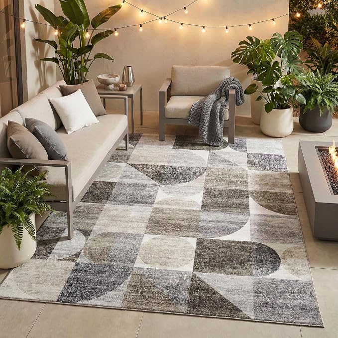 ReaLife Rugs Machine Washable Indoor Outdoor - Mat Rug Foldable Printed Thin Lightweight Cushioned Fade Resistant Patio Deck Dock Porch Pool Balcony Camping - Naya - Beige Brown Gray 5' x 7'