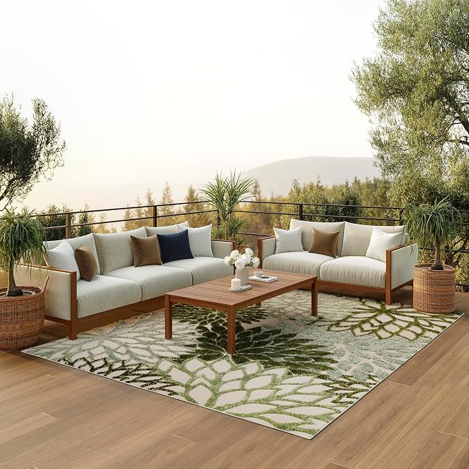 Nourison Home Aloha Indoor/Outdoor Ivory Green 7'10" x 10'6" Area Rug, Easy-Cleaning, Non Shedding, Bed Room, Living Room, Dining Room, Backyard, Patio, Deck (8x11)