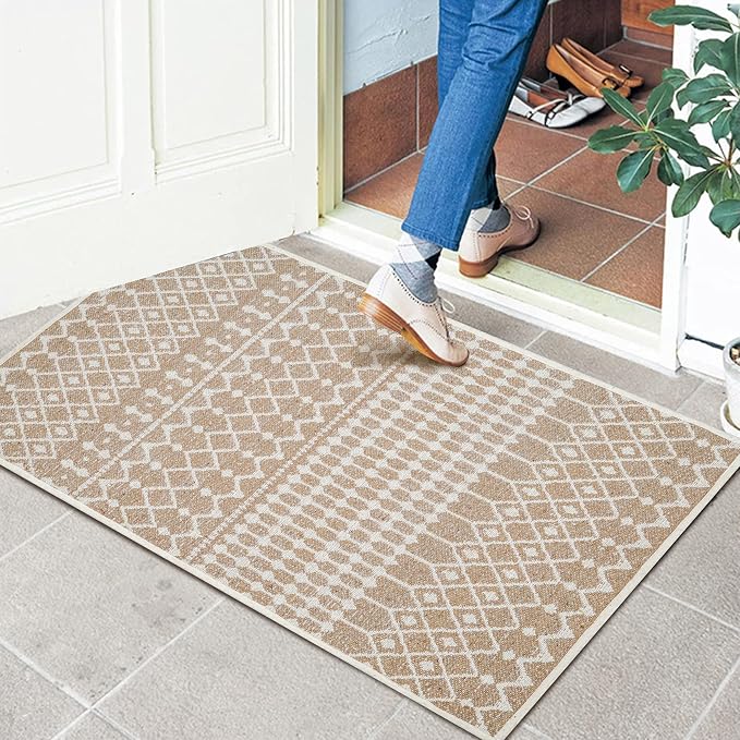 THE BEER VALLEY Moroccan Kitchen Runner Rug 27x45 Inch - Beige | Non Slip Cotton Woven Rugs for Laundry Room, Washable Boho Outdoor Area Runners