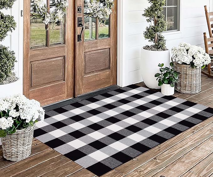 3'x 5' Outdoor Rug,Black and White Porch Rug Cotton Woven Washable Layered Doormat for Welcome Door Mat Porch Entryway Bedroom Living Room