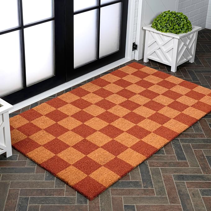 JONATHAN Y Natural Coir Indoor/Outdoor Area Rug 3X4 Natural/Red Checker, Peater Classic Casual Commerical Doormat Ideal for Door Entrance, Patio, Porch, Backyard, Garages NRF110A-34