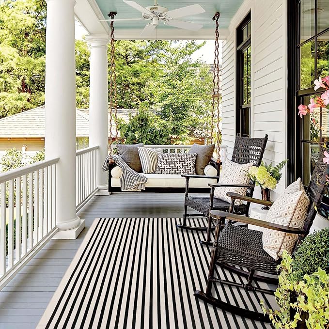 Collive Black and White Outdoor Rug, 5x8ft Striped Outdoor Rug, Reversible Washable Patio Rugs, Cotton Hand Woven Indoor Area Rug Floor Carpet for Outdoor Indoor Porch