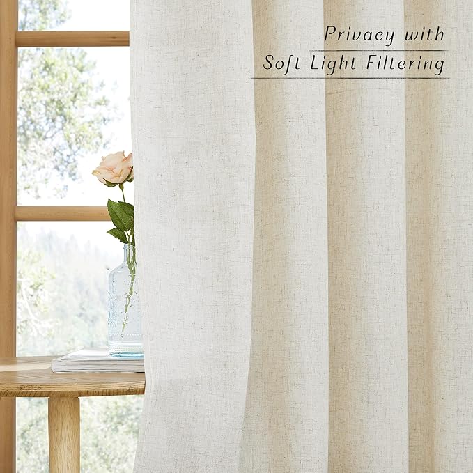 NICETOWN Natural Linen Doorway Curtains 80 inches Long, Grommet Thick Linen Weave Semi Sheer Window Treatments Privacy Assured with Light Filtering for Bedroom/Side Door, W34 x L80