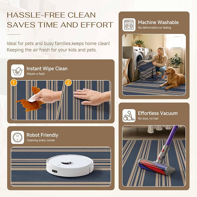 PureCozy Striped Easy Jute Rug 4x6 Blue Entryway Carpet Washable Non Slip Office Door Mat Farmhouse Neutral Non Shedding Small Indoor Outdoor Rug for Bathroom Kitchen Bedroom Living Room