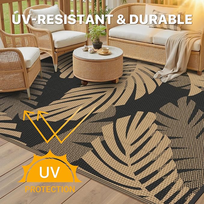 GENIMO Outdoor Rug, Waterproof Plastic Rugs for Patio, 6'x9' Black Brown | Outside Larger Leaf Carpet Mat for Porch Decor, Deck, Balcony, Camping, RV, Backyard, Picnic, Beach, Reversible, Foldable