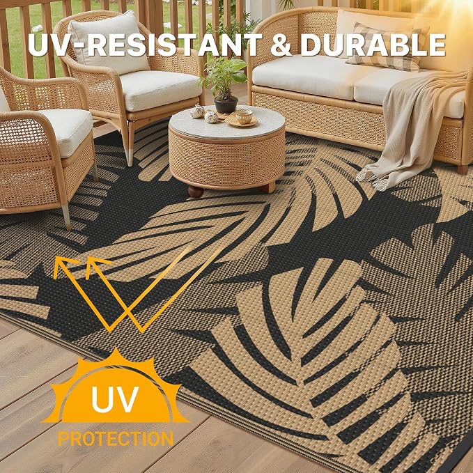 GENIMO Outdoor Rug, Waterproof Plastic Rugs for Patio, 9'x12' Black Brown | Outside Larger Leaf Carpet Mat for Porch Decor, Deck, Balcony, Camping, RV, Backyard, Picnic, Beach, Reversible, Foldable