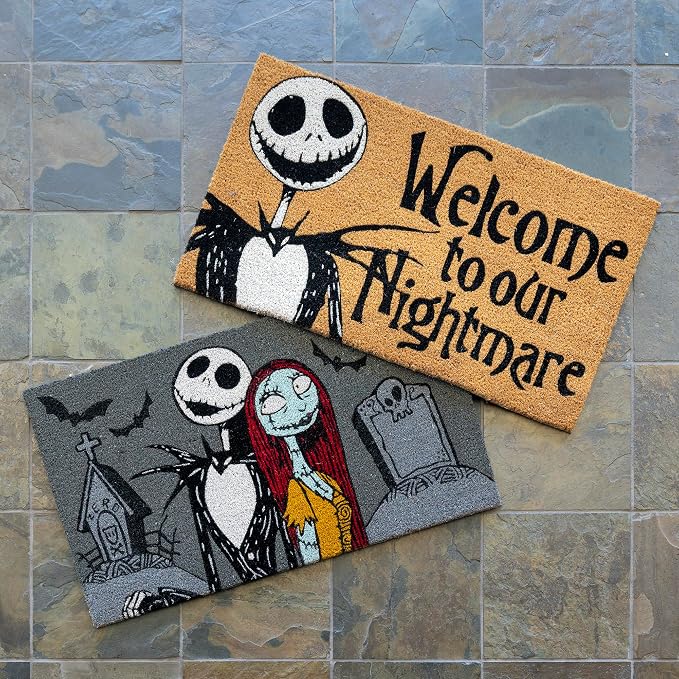 Gertmenian Nightmare Before Christmas Coir Doormat - 2x3 Welcome Mat (2-Pack), Ideal for High Traffic Areas in Front Door, Garage, Entryway - Welcome Nightmare/Jack & Sally, 80005