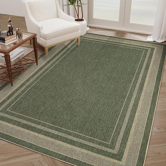 GarveeHome 5x7 Washable Rug for Bedroom Solid Easy Jute Living Room Rugs | Non Slip Modern Neutral Bordered Stain Resistant Indoor Throw Carpet for Nursery Kitchen Dining Room Entryway, Green