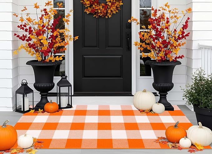 Orange and White Outdoor Rug 24'' x 51'',Halloween Front Porch Rug Fall Cotton Woven Washable Layering Rug for Porch,Entryway,Hallway Indoor Outdoor