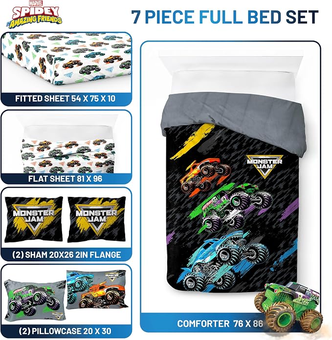 Monster Jam Trucks Full Size Comforter Set 7 Piece Kids Bedding, Black | Grave Digger Megalodon, Comforter Sheets Shams Pillowcases, Official Product, Soft Microfiber, Machine Washable, Boys Gift