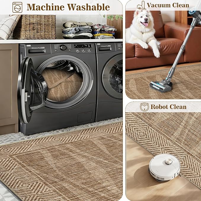 Jute Rug 3x5 Outdoor Patio Rug with Border, Washable Rugs for Entryway Porch, Farmhouse Non Slip Area Rugs with Rubber Backing, Non Shedding Carpet for Indoor Outdoor Bedroom, Courtyard, Light Brown