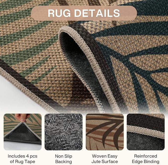 Tribesigns 5x7 Blue Green Coastal Easy Jute Patio Area Rug for Living Room | Washable, Non-Slip Coastal Leaf Design for Bedroom, Dining Room, Office and Indoor Outdoor Spaces, Includes 4 Rug Grippers