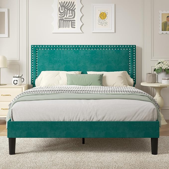 VECELO Queen Size Platform Bed Frame with Height Adjustable Upholstered Headboard, Modern Mattress Foundation,Strong Wood Slat Support, No Box Spring Needed, Easy Assembly,Dark Green