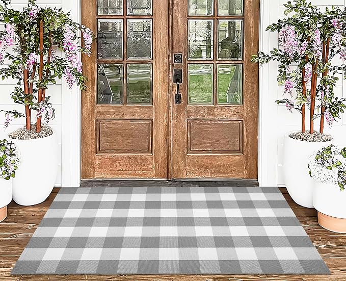Grey and White Outdoor Rug 3'x 5' Fall Checkered Porch Rug Cotton Woven Washable Layering Door Mats for Welcome Door Mat Porch Entryway Bedroom Living Room