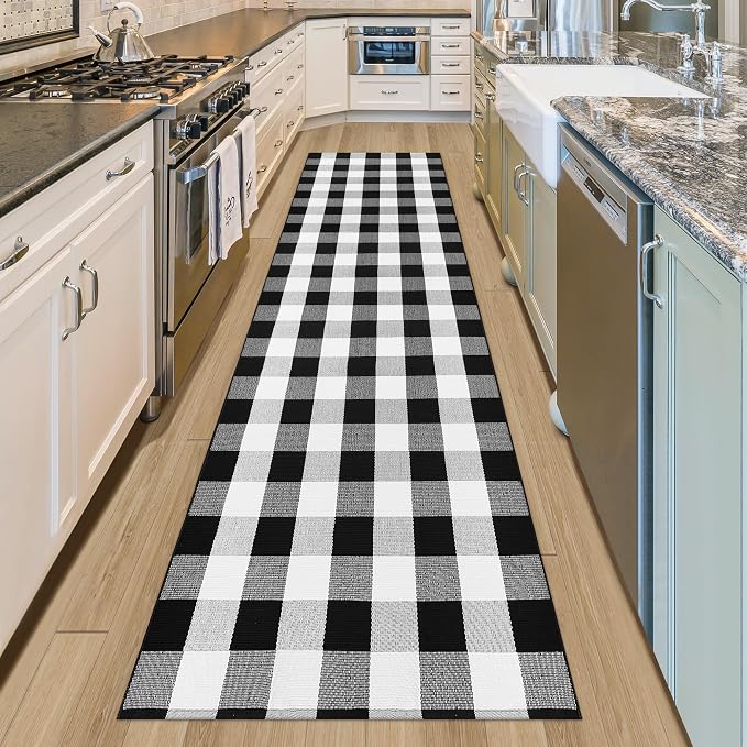 Buffalo Plaid Runner Rug 3x10 Feet Black and White Checkered Runner Rug Cotton Woven Farmhouse Floor Mat Washable Rugs for Hallway Kitchen Laundry Bedroom Living Room