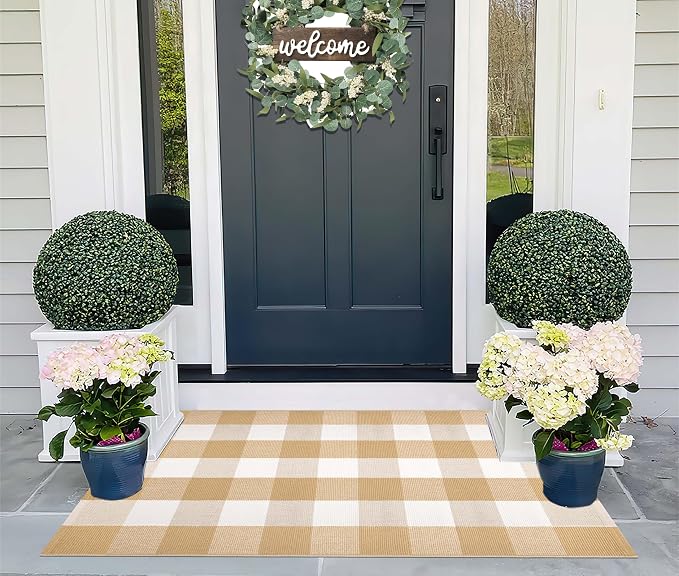 Khaki and White Layered Doormat 27.5''X 43.3''Checkered Farmhouse Porch Rug Cotton Woven Washable Front Door Mat Outdoor for Welcome Door Mat Entryway Bedroom Living Room