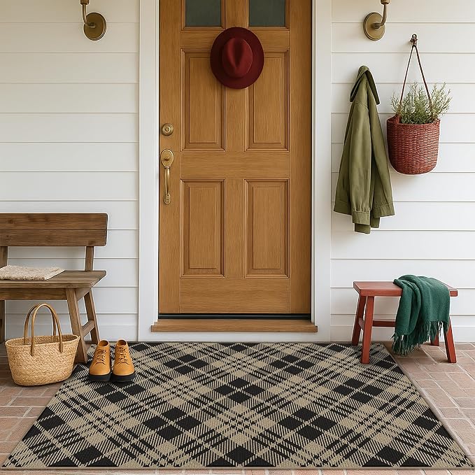 JTJ Easy Jute Outdoor Rug 4' x 6', Washable Non Slip Low Pile Geometric Plaid Indoor Outdoor Area Rug for Patio, Porch, Balcony, Deck, Living Room & Bedroom