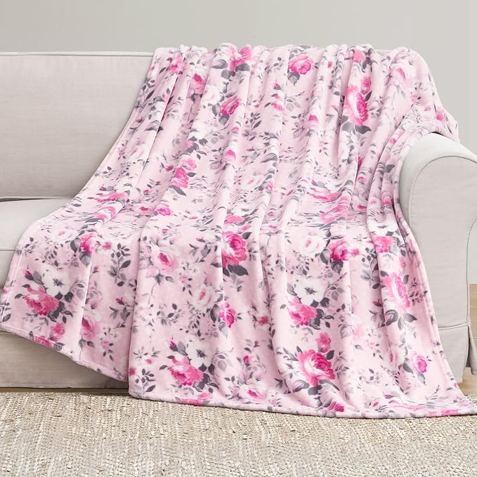 Jessica Simpson Oversized 60"X70" Plush Throw Blanket, Esther Blush Roses