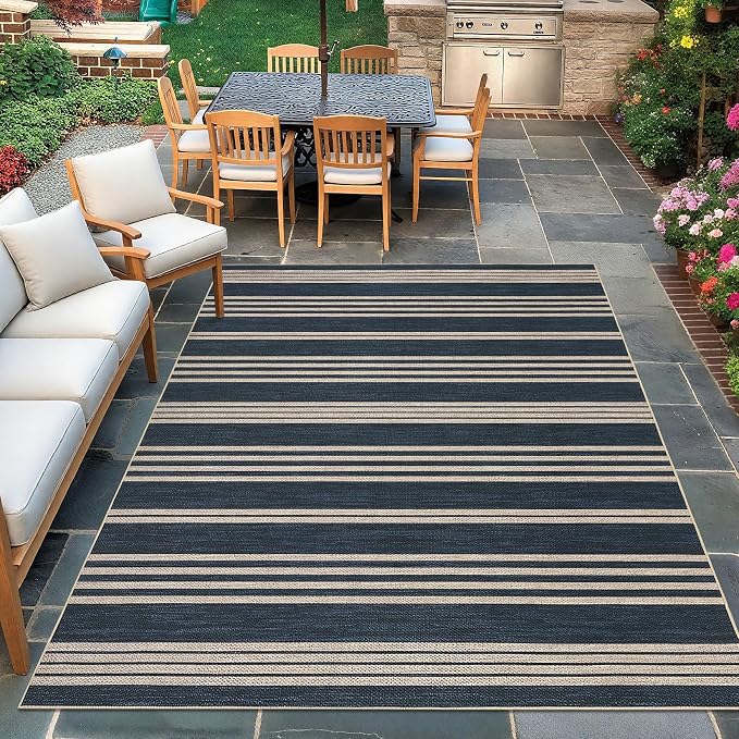 COZYLOOM 4x6 Indoor Outdoor Rugs Machine Washable Area Rugs for Living Room Non Slip Non Shedding Easy Jute Striped Rug Stain Resistant Low Pile Carpet for Bedroom, Nursery, RV, Patio, Navy Blue