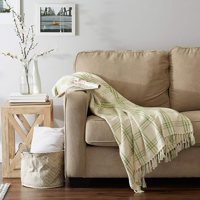 DII Modern Farmhouse Plaid Collection Cotton Fringe Throw Blanket, 50x60, White/Antique Green