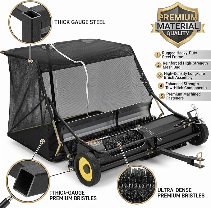 44" Tow Behind Lawn Sweeper for Riding Mower, 12 Cu ft Large Capacity Grass and Leaf Collector, Adjustable Brush Height Yard Sweeper with Dump Rope, Heavy Duty Yard Leaf Collector for Lawn