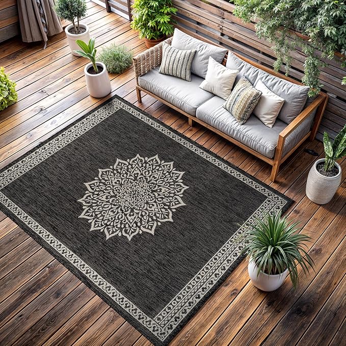 CAMILSON Outdoor Rug 8x10 Medallion Darkgray Modern Area Rugs for Indoor and Outdoor Patios Kitchen and Hallway Mats Washable Porch Deck Outside Carpet (Medallion Darkgray 8 x 10)