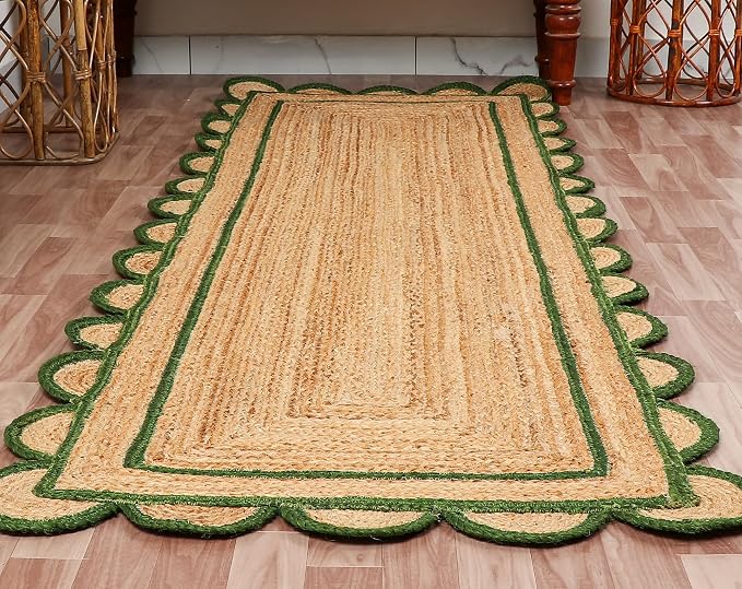 Scalloped Natural Jute Area Rug for Bedroom Living Room, Kitchen, Patio, Hallway, Entryway, Indoor, Outdoor, Farmhouse, Modern Carpet, Door Mat Green, 2x3 ft.