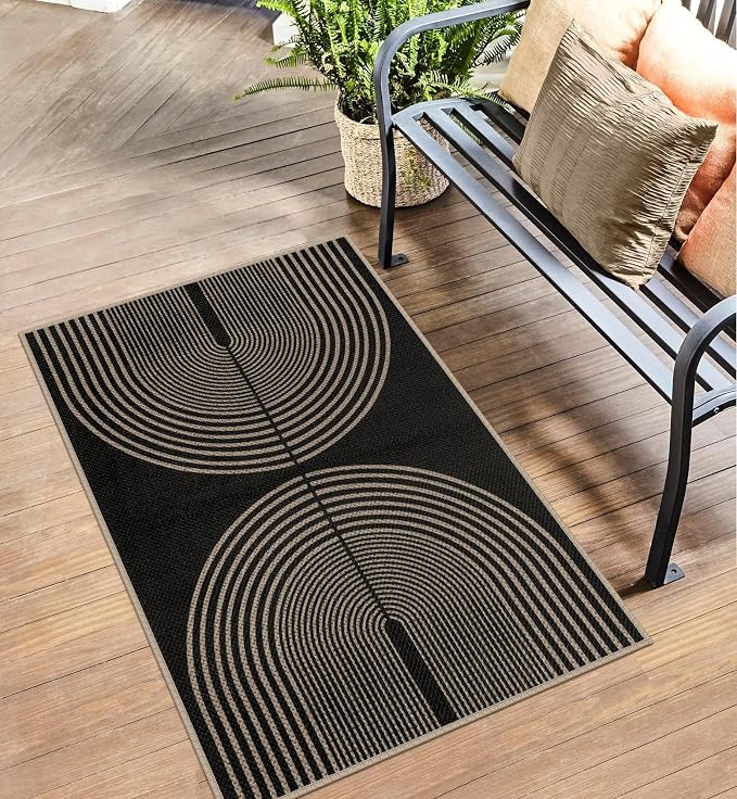 Rugalia Easy Jute Rainbow Entryway Rug, 2.6x4 Black Washable Non-Slip Indoor Outdoor Doormat, Boho Farmhouse Neutral Kitchen Rug Modern Abstract Throw Rugs for Entrance Bedroom Bathroom