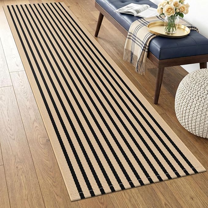 KOZYFLY Brown and Black Striped Runner Rug 2x4.3 ft Cotton Woven Washable Indoor Outdoor Doormat Small Front Door Rug for Entryway Porch Kitchen Hallway Patio Laundry Room
