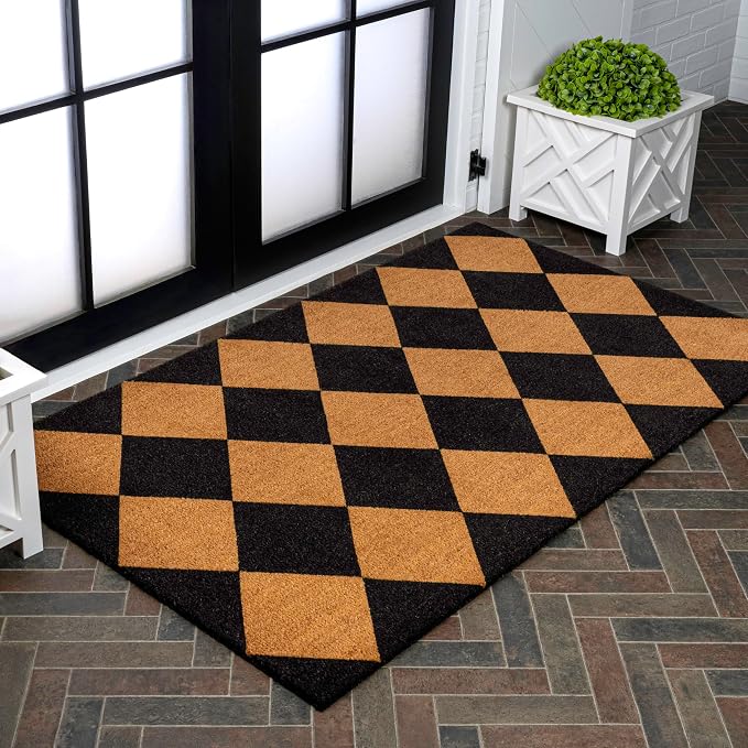JONATHAN Y Natural Coir Indoor/Outdoor Area Rug 3X4 Natural/Black Geo, Peater Classic Casual Commerical Doormat Ideal for Door Entrance, Patio, Porch, Backyard, Garages NRF111A-34