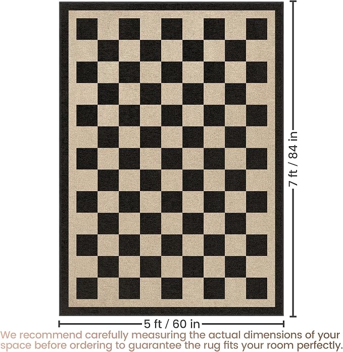 Washable Checkered Easy Jute Rug, 5x7 Black Checkerboard Boho Geometric Outdoor Indoor Patio Large Area Rugs, Low Pile Lightweight Non Slip Carpet Mat for Living Dining Room Bedroom Classroom Backyard