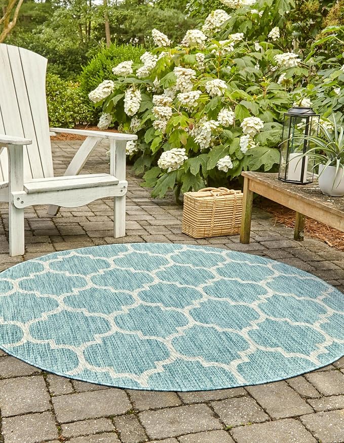 Unique Loom Outdoor Trellis Collection Area Rug (5' 1" Round, Aquamarine/ Gray)