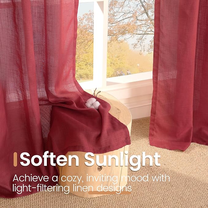 BGment Burgundy Linen Curtains 45 Inch Length for Short Kitchen Window, Rod Pocket Semi Sheer Drapes for Office Cafe Bathroom Decor Rustic Textured Lightweight Christmas, 2 Panels, Each 42 Inch Wide