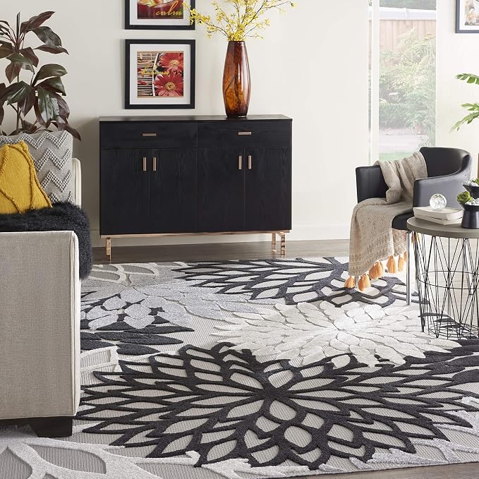 Nourison Home Aloha Indoor/Outdoor Black White 7'10" x 10'6" Area Rug, Tropical, Botanical, Easy Cleaning, Non Shedding, Bed Room, Living Room, Dining Room, Deck, Backyard, Patio (8x10)