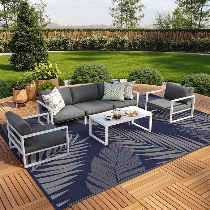GENIMO Outdoor Rug, Waterproof Plastic Rugs 9'x18' for Camping Blue Grey | Outside Larger Leaf Carpet Mat for Patio Decor, RV, Porch, Camper, Deck, Picnic, Beach, Backyard, Reversible, Foldable