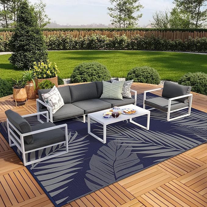 GENIMO Outdoor Rug, Waterproof Plastic Rugs 10'x14' for Camping Blue Grey | Outside Larger Leaf Carpet Mat for Porch Decor, Deck, Camping, RV, Backyard, Balcony, Picnic, Beach, Reversible, Foldable