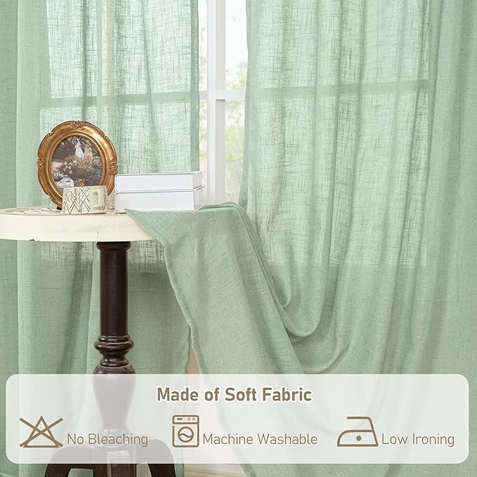 LAMIT 95 Inches Long Fresh Green Linen Curtains for Living Room, Back Tab and Rod Pocket Semi Sheer Curtains Light Filtering Farmhouse Drapes for Bedroom/Dining Room, Set of 2, 52 x 95 Inch