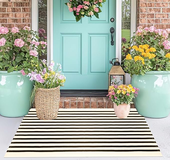 Black and Beige Layered Doormat,2x3 ft Striped Small Outdoor Porch Rug Cotton Woven Washable Farmhouse Layered Door Mats for Entryway/Porch Decor/Kitchen/Home Entrance