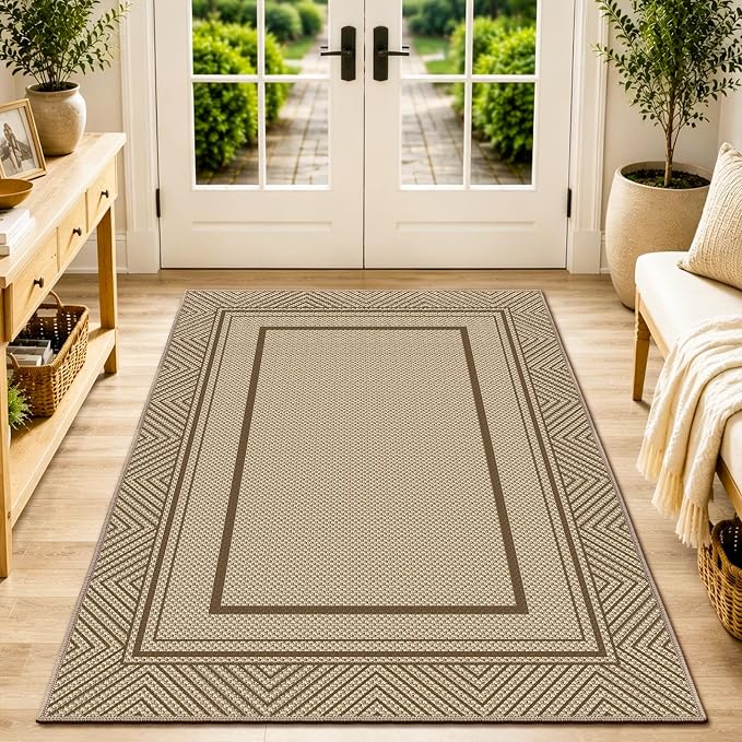 Capslpad Faux Jute 3x5 Area Rug, Geometry Line Patio Rug, Washable Front Porch Rug, Farmhouse Non-Slip Entryway Rugs for Indoor Outdoor, Brown